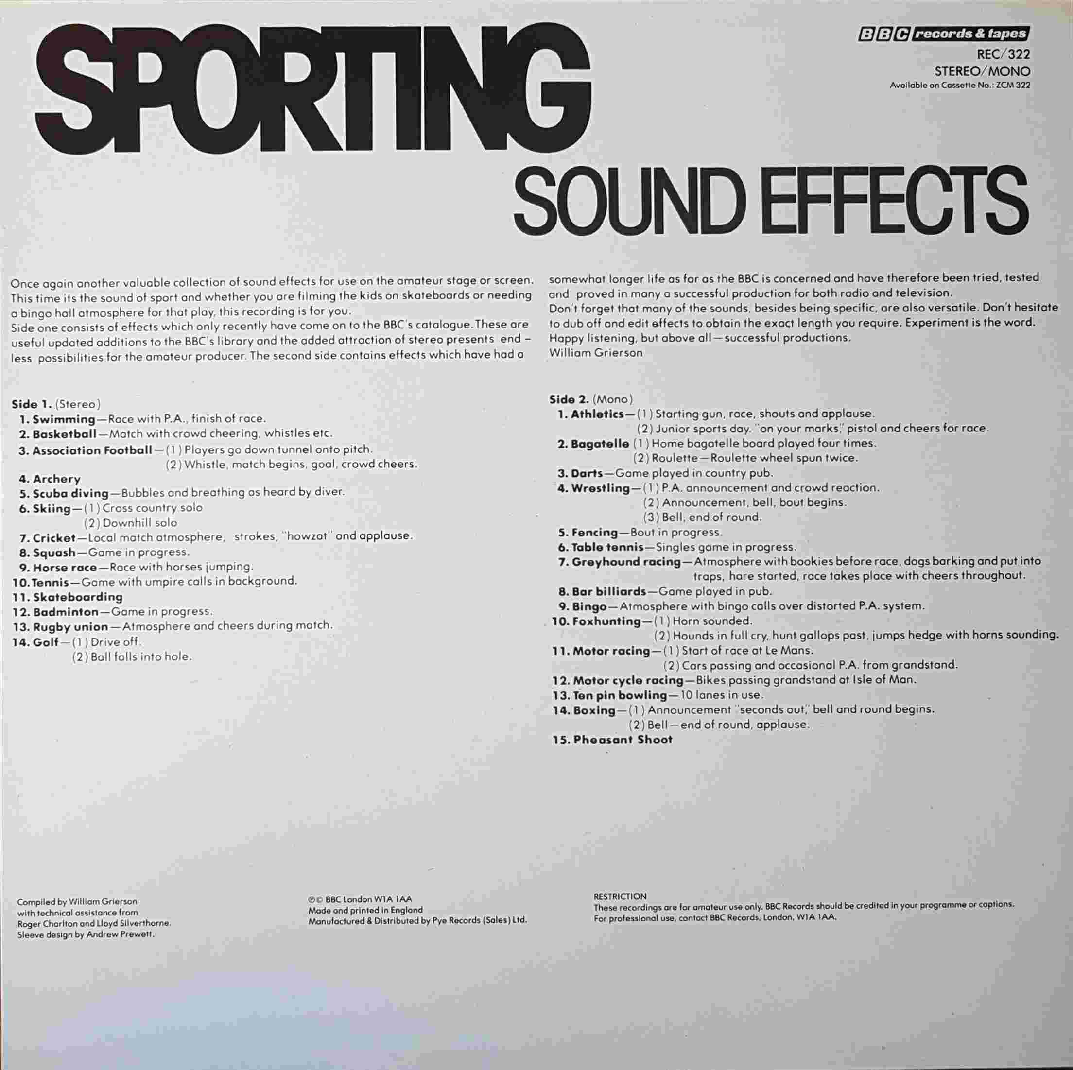 Picture of REC 322 Sporting sound effects by artist Various from the BBC records and Tapes library
